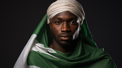 Naklejka premium Man in Nigerian Flag Green White Dress and Headwrap. Nigeria Independence Day. Model in Fashion African Turban over Gray. Muslim men wearing Green Headscarf drape