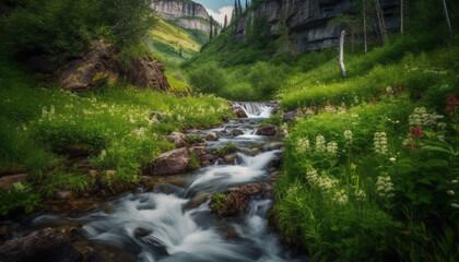 Tranquil scene of majestic mountain range, flowing water and greenery generated by AI
