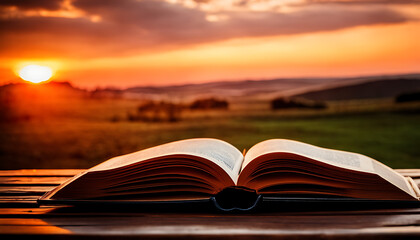  an open book on a wooden table with a sunset in the background
