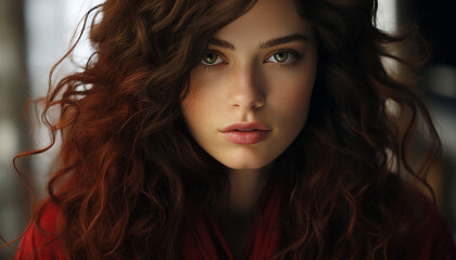 Naklejka premium Beautiful young woman with brown curly hair looking confidently at camera generated by AI