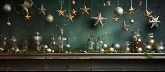 Vintage green ledge adorned with starry ornaments balls bows and bottles