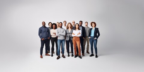 Diverse startup crew striking individual full length poses, confidently facing the camera against a stark white backdrop, concept of Multicultural team