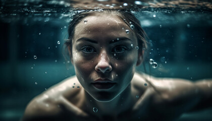 Wet beauty looking at camera underwater sensuality generative AI
