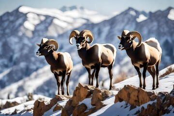 Winter shot of bighorn sheep rams standing on a ridge