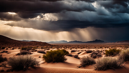 The background is a desert landscape with a stormy sky.