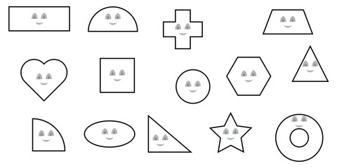 Geometric shapes funny faces and eyes. Mathematics resources for teachers and students. Vector illustration isolated on white background for kids.