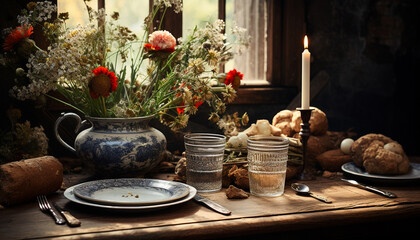 Obraz na płótnie Canvas Rustic still life arrangement candle, vase, antique silverware, pottery bowl generated by AI