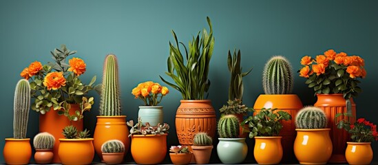 Various species of small cacti and succulents in orange vases