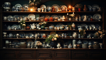 Naklejka na ściany i meble Abundance of antique pottery decorates ornate shelf in domestic kitchen generated by AI