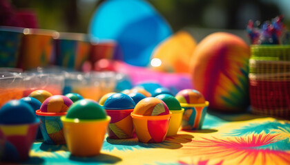 Fototapeta na wymiar Vibrant colored toys bring summer joy outdoors generative AI