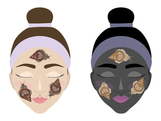 Image of cosmetic procedures with snails on faces with dark and light skin on a white background