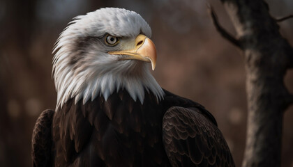 Obraz premium Majestic bald eagle perched on branch, watching generative AI