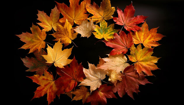 Vibrant autumn maple tree leaves on black background generative AI