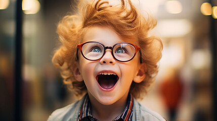 Smiling boy choosing glasses in optics store, Portrait of kid wearing glasses at optical store.