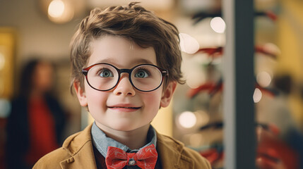 Smiling boy choosing glasses in optics store, Portrait of kid wearing glasses at optical store. - obrazy, fototapety, plakaty
