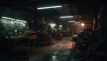 Men working in dark metal workshop indoors generative AI - obrazy, fototapety, plakaty