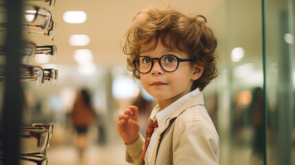 Smiling boy choosing glasses in optics store, Portrait of kid wearing glasses at optical store. - obrazy, fototapety, plakaty