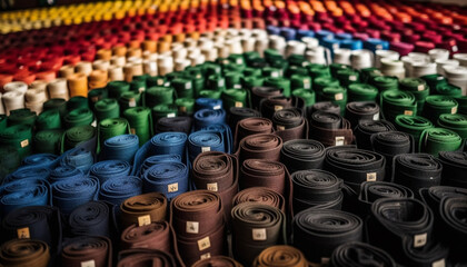 Multi colored spools stack in textile workshop generative AI