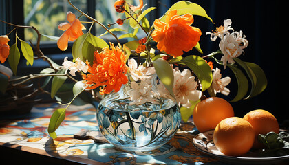 Vibrant bouquet of fresh flowers on ornate table decoration indoors generated by AI - obrazy, fototapety, plakaty