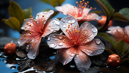 Fresh wet petals glisten with dew, showcasing nature beauty generated by AI