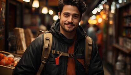 Obraz premium Confident young man smiling, backpack on, exploring city at night generated by AI