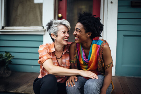 Pareja de mujeres de distintas razas sentadas delante de una casa de madera verde, abrazadas y sonrientes, mostrando afecto entre ellas