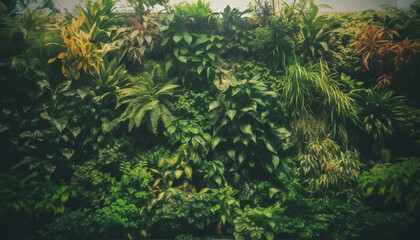 Vibrant green foliage thrives in tropical rainforest, surrounded by water generated by AI