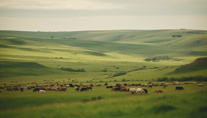 Obraz premium Green meadow with grazing cattle and a tranquil rural landscape generated by AI