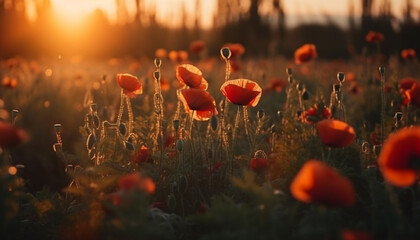 Fototapeta na wymiar Vibrant wildflower meadow at sunset, a beauty in nature dusk generated by AI