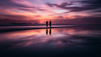 Silhouette of couple holding hands, walking on serene beach at dusk generated by AI