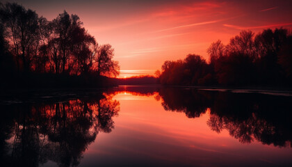 Naklejka premium Vibrant sunset reflects on tranquil pond in rural autumn landscape generated by AI