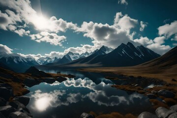 Mountains and clouds reflected.