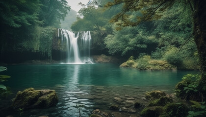 Tranquil scene of flowing water in majestic tropical rainforest growth generated by AI