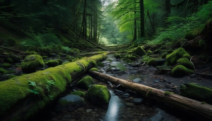 Tranquil scene of a wet forest with green trees and leaves generated by AI
