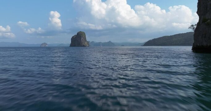 Drone view above the sea of a rock formation in El Nido, Palawan, Philippines