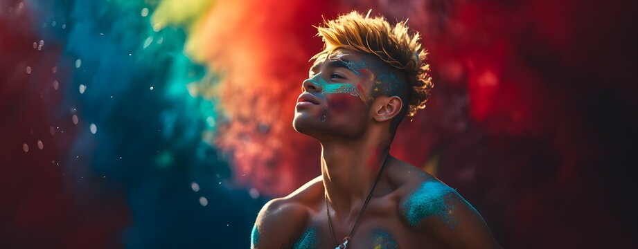 Dark-skinned Guy With A Fashionable Hairstyle At The Festival Of Colors