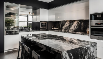 Modern domestic kitchen design with stainless steel appliances and marble countertops generated by AI