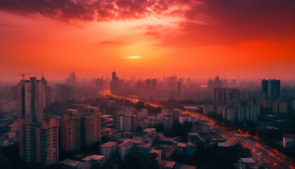 Modern city skyline illuminated by sunset, a futuristic landscape generated by AI