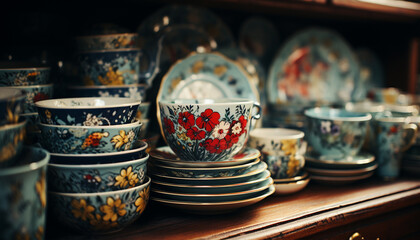 Antique earthenware pottery collection, ornate patterned ceramics for kitchen decoration generated by AI