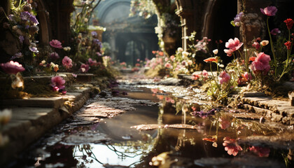 Fototapeta premium Tranquil scene of a pink blossom reflecting in a pond generated by AI