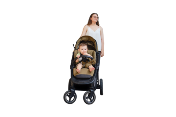 A mother and a child in a baby carriage are standing outside , isolated on a white background. Mom with a toddler baby boy