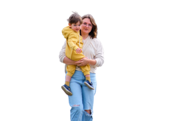 A mother woman carries a toddler baby in her arms during a walk in the park, isolated on white background. Kid aged two years (two-year-old boy)