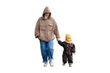 The young boy and his mother take a walk on a sunny summer day, taking care to stay safe on the road, isolated on white background.