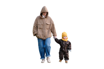 The young boy and his mother take a walk on a sunny summer day, taking care to stay safe on the road, isolated on white background.