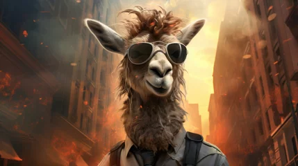 Abwaschbare Fototapete Lama A llama wearing sunglasses and a suit in the city, AI