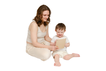 Happy baby with mother looking into digital tablet on studio, isolated on white background. Portrait of a smiling child playing on the tablet. Kid about two years old (one year nine months)