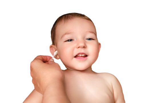 The mother cleans the ear with a cotton swab to the happy toddler baby boy, isolated on a white background. Mom cleans the ears of a smiling child, isolated on a white background. Kid age one year