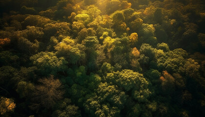 Vibrant yellow meadow, green trees, blue sky, nature beauty generated by AI