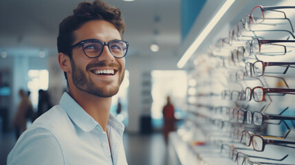 Healthcare, Eyesight And Vision Concept. Happy man choosing glasses at optics store, selective focus. - obrazy, fototapety, plakaty