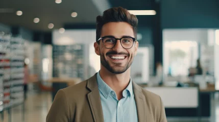 Foto op Aluminium Healthcare, Eyesight And Vision Concept. Happy man choosing glasses at optics store, selective focus. © PaulShlykov